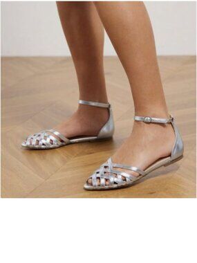 miss left Silver Caged Peep Toe Flat Sandals Ankle Strap Buckle Comfy Shoes